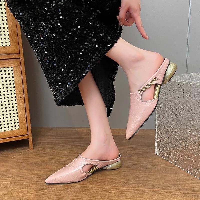 Fashion 2025New Hollow-out Baotou Semi-slippers Summer New Metal Chain Pointed Toe Shallow Mouth Thick Heel Wear Lazy Drag
