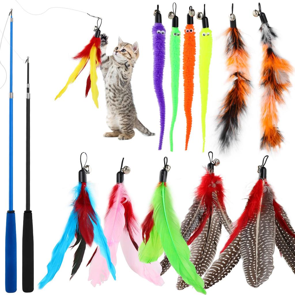 WD&CD Cat Teaser, Cat Toy, Set of 12 Replacement Feathers and 2 Rods, Natural Feather Toy with Bell, Dangle Cat Toy, Pet Supplies, 14-Piece Set