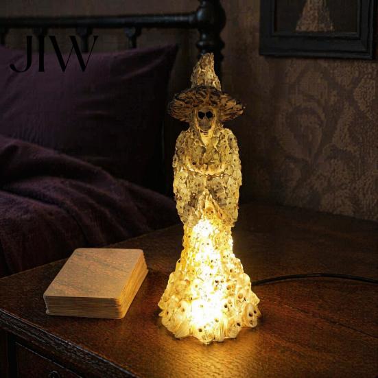 Mysterious Gothic Interior Decor Skeleton Witch Resin Figurine, LED Light Up Statue, Spooky Bohemian Style Home Accents Dark Fantasy Ornament