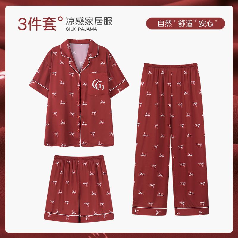 

Natural red ice silk pajamas women s summer sweet and cute short-sleeved trousers three-piece set large-size loungewear M