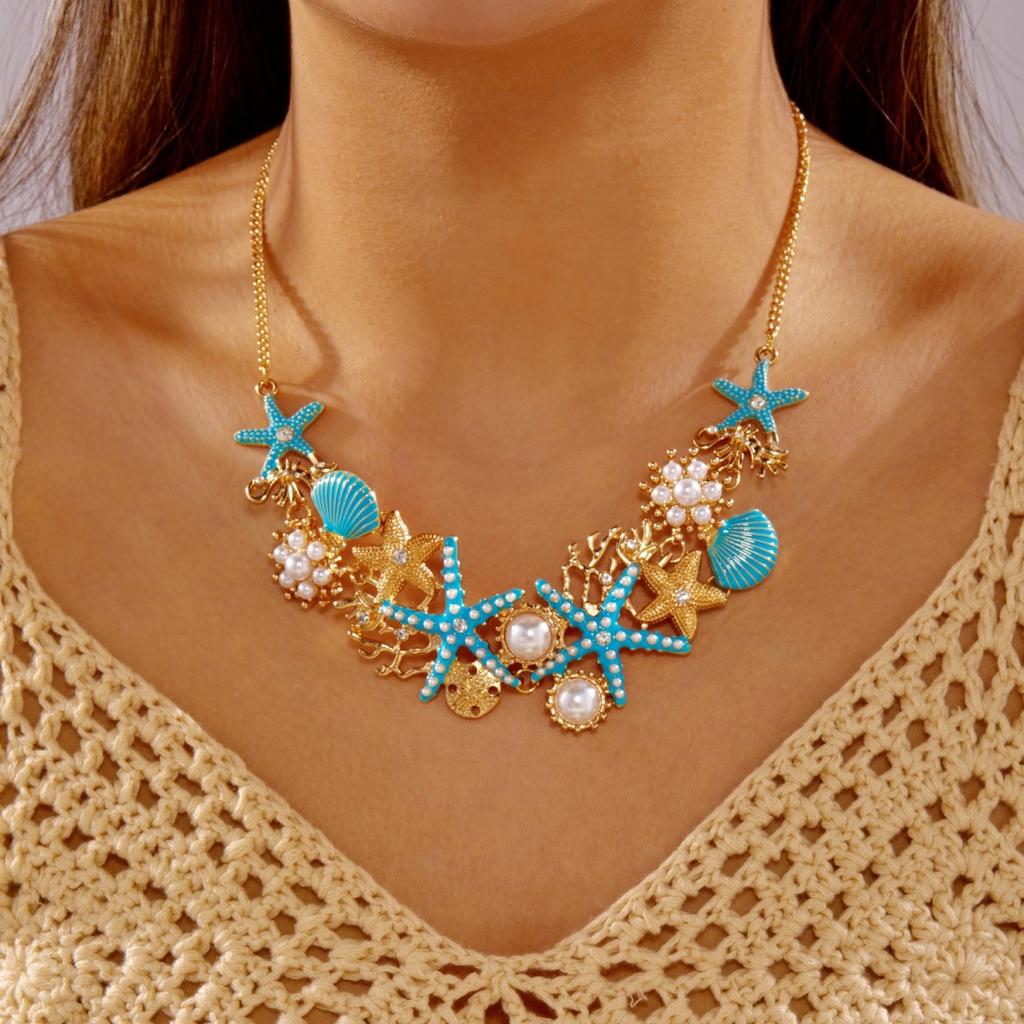Imitation Pearl Blue Enamel Starfish Shell Coral Necklace Bracelet Set For Women Men Summer Sea Animal Beach Party Jewelry Set