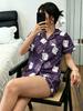Conjunto de Pijama Casual de Moda Estilo Europeo con Estampado de Hadas, Cuello, Manga Corta y Pantalones Cortos