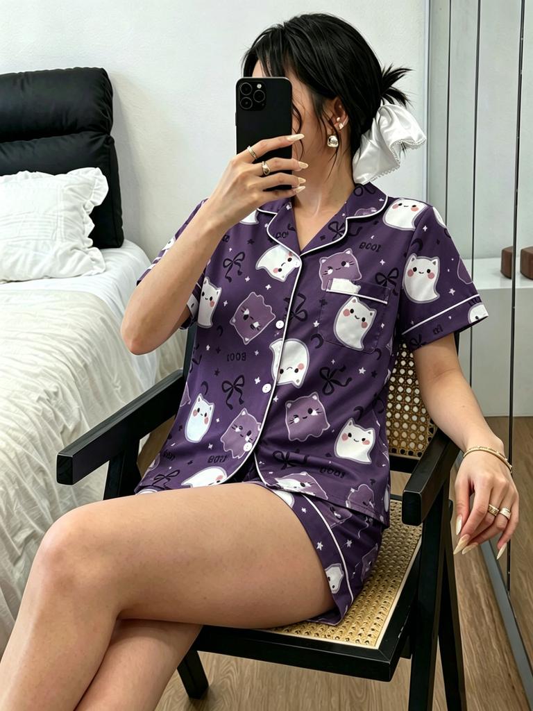 Conjunto de Pijama Casual de Moda Estilo Europeo con Estampado de Hadas, Cuello, Manga Corta y Pantalones Cortos