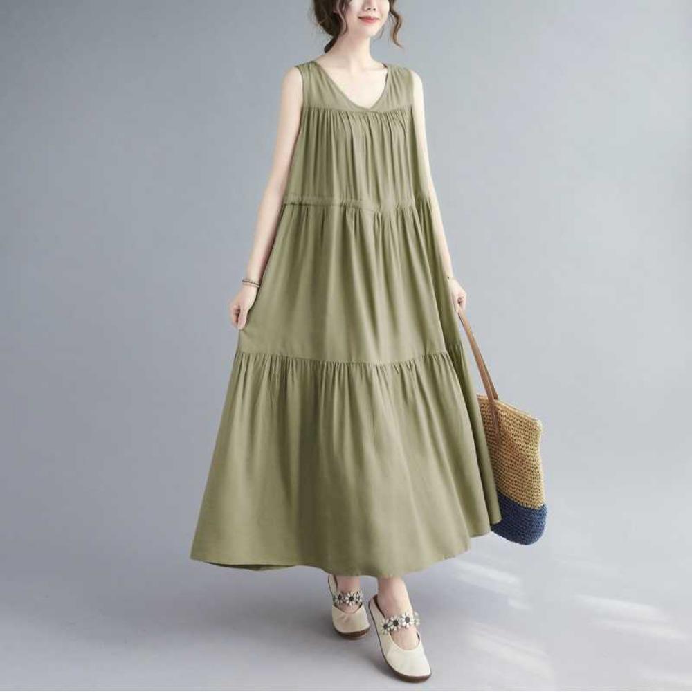 Solid Color Drawstring Casual Loose Sleeveless Dress