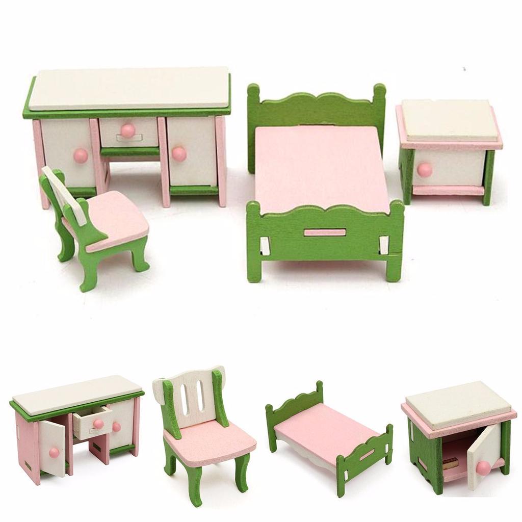 Buy Doll House Miniature Bedroom Wooden Furniture Set Kids Role Pretend ...