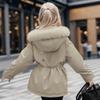 Women's  Winter Detachable Fur Collar Parka, Short Hooded Waist-cinched Warm Coat With Pockets