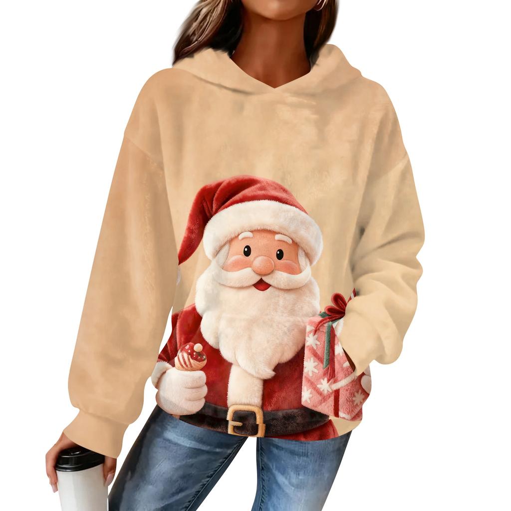 Sudadera con capucha de franela con estampado navideño de manga larga para mujer