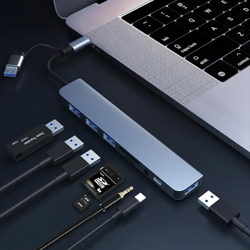 8 In 2  Type C Docking Station USB Splitter Adaptor USB C Hub 5Gbps High Speed Transmission USB 3.0 2.0 3.5 Audio Jack SD/TF Card Reader OTG Adapter