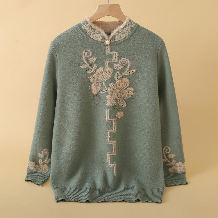 Autumn and Winter Plus Velvet Thickened Integrated Velvet Top Mother's Winter Clothes, Loose and Fashionable Warm Knitted Sweater