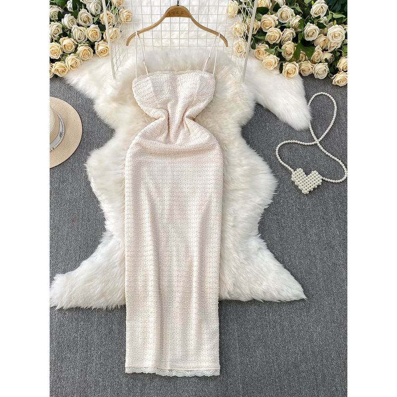 Niche Elegant Elegant Lace Side Band Chest Pad Sling Dress Women Summer High-Grade Sense Waist Hugging Back Slit Long dress