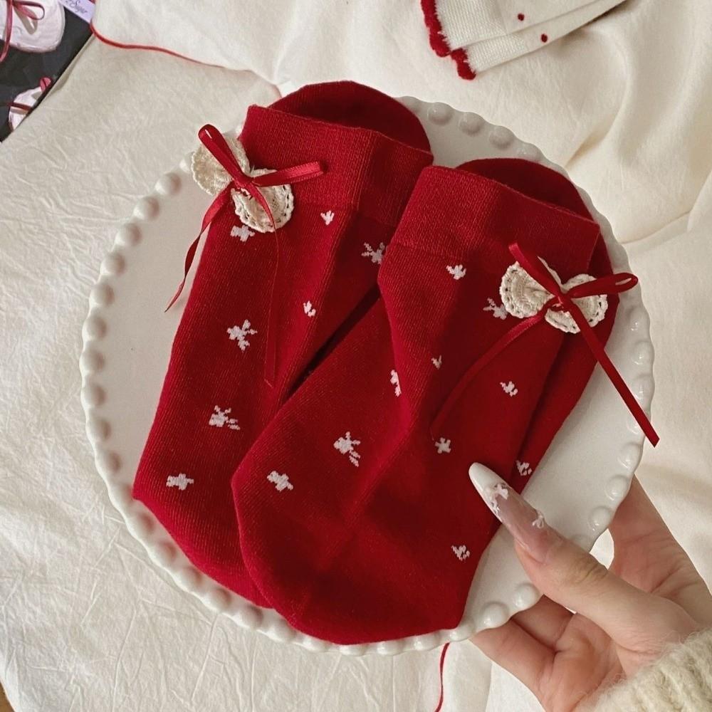 Double Layer Bow Socks Red Color Stacking Socks Trendy Mid Tube Socks  Holiday