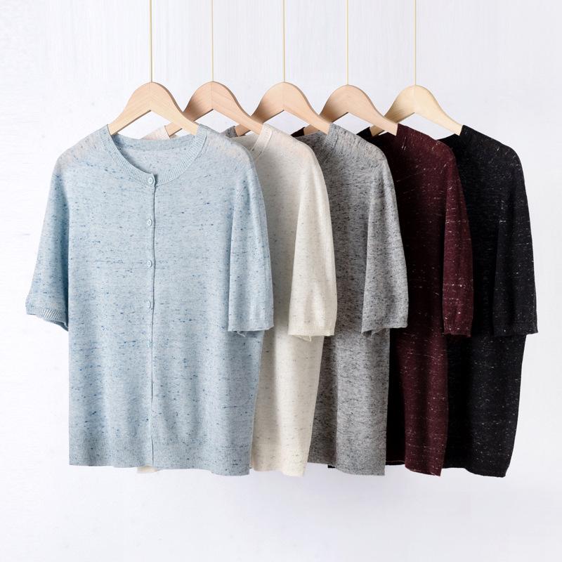 Women's Floral Wool Knit Cardigan - Round Neck, Short Sleeves, 2025 Spring/Summer Collection