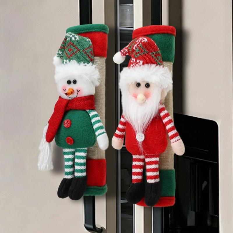 Santa Theme Refrigerator Pull Sleeves for Christmas, Polyester Fridge Grip Pair with Elastic Opening for Kitchen and Office Display