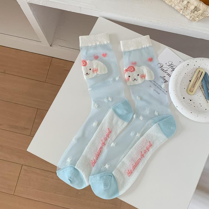 Lace Socks Women Summer Ultra-thin Transparent Crystal Silk Socks Floral Embroidery Japanese Kawaii Cartoon Cute Glass Silk Sock