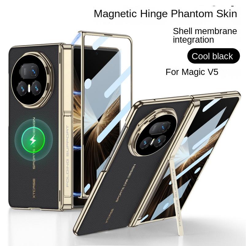 Plated Gold Frame Leather Hinge Bracket Supports Built-in Magnetic Ring Glass Case for Honor Magic V5 Lens Protect Cover