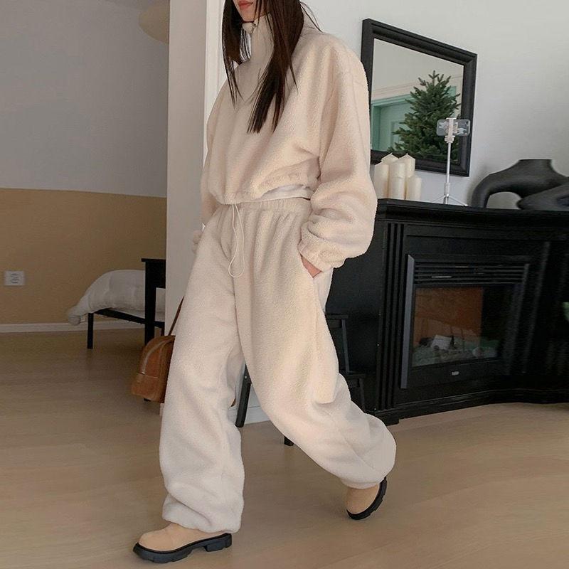 Autumn Winter Set Women's New Korean Version of Ins Warm Stand Collar Jumper Hoodie + Loose Bunches of Pants Two-piece Set