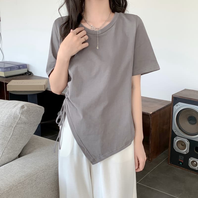 Tricouri de vară solide neregulate pentru femei, tricou cu mânecă scurtă și guler O, casual, Slim, elastic, cu șnur, y2k, crop topuri, haine pentru femei