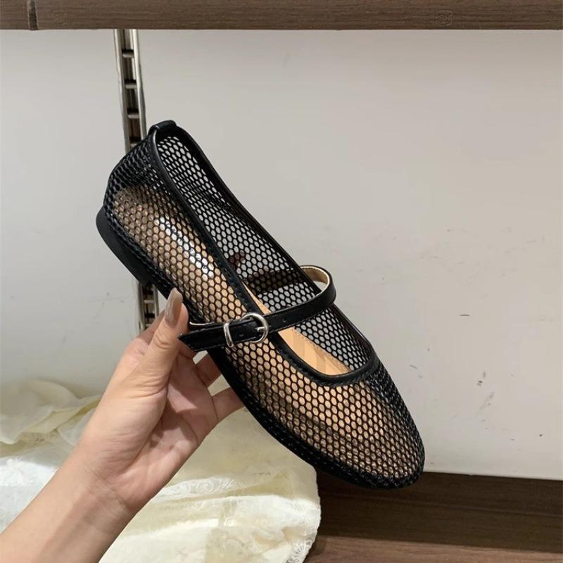Flache Netzschuhe, Ausgeschnittene Mary-Sandalen, Einzelne Schuhe mit eckiger Spitze, Fischernetz Sommer Atmungsaktiv Flache Öffnung
