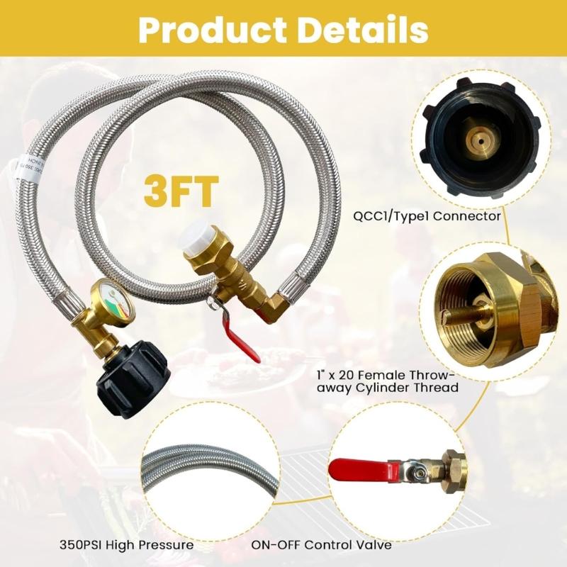 Steel Propanes Refill Adapter Hose with Pressure Gauges and Valves Leak Detection Camping Grill Gas Tank Connection