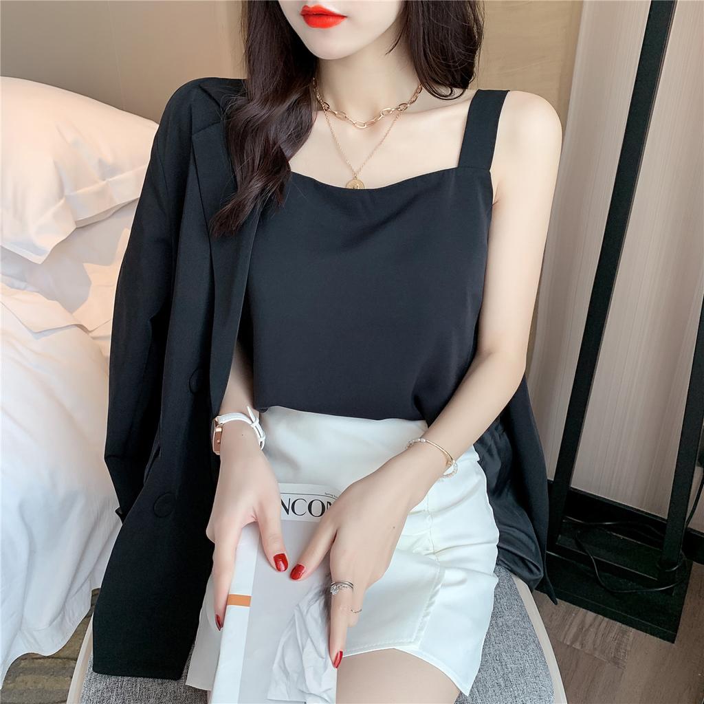 Square Collar Halter Vest Women's Summer Chiffon Loose Black and White Inside Wear Sleeveless Bottom Shirt Top