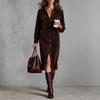 Vestido Chemise Manga Longa Feminino Gola Polo Cintura Alta Streetwear Veludo Cotelê Midi Cor Sólida Frente com Botões Vestido Casual