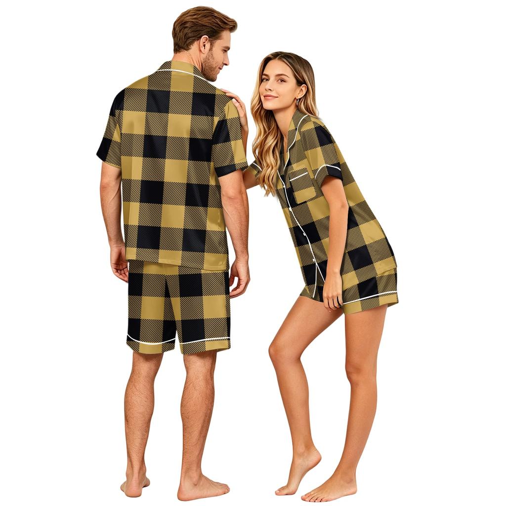 Couple Matching Pajama Set Short Sleeve Button Down Shirt with Hem and Shorts Set Soft Casual Sleepwear Available In Sizes S To XXXXL
