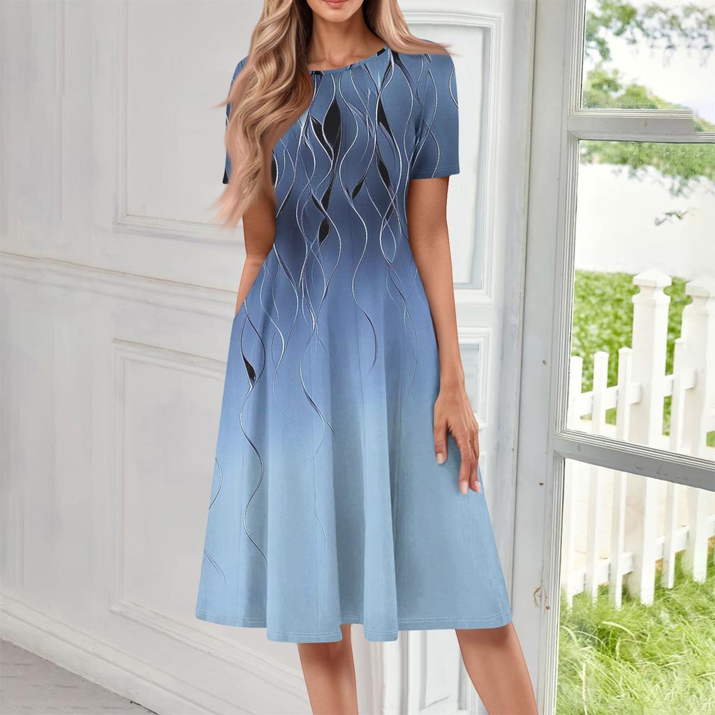 Women's Casual Fashion Round Neck Short Sleeve Print Midi Dress