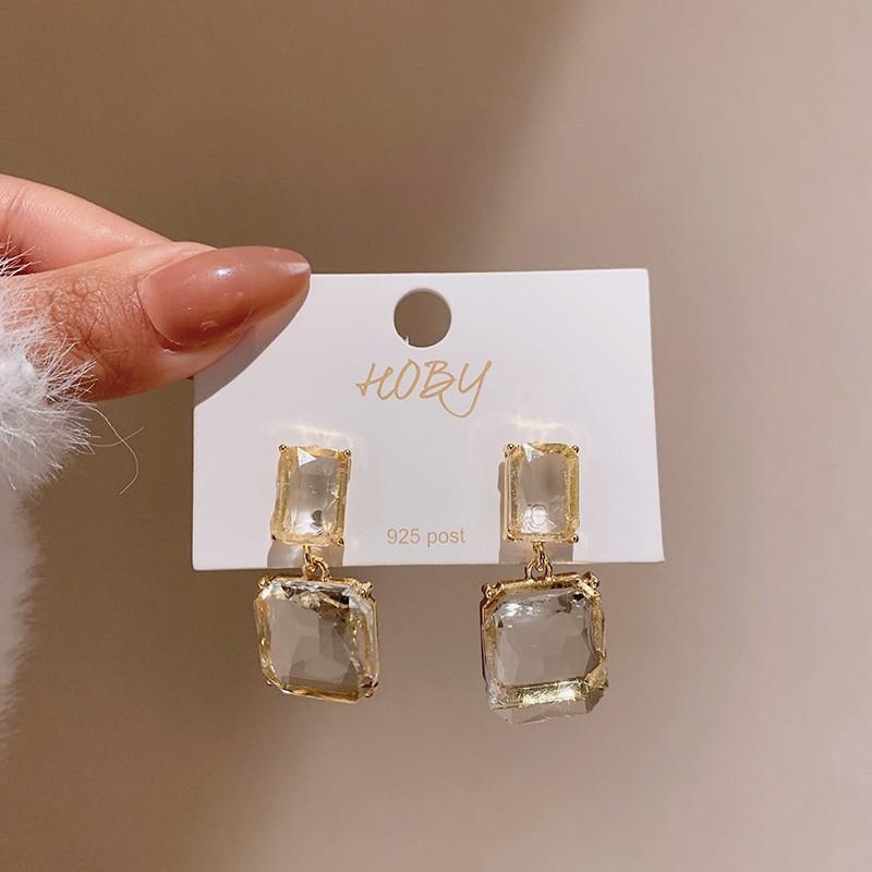 Silver needle inlaid diamond transparent square earrings personality trendy design temperament earrings fashion exaggerated simple earrings