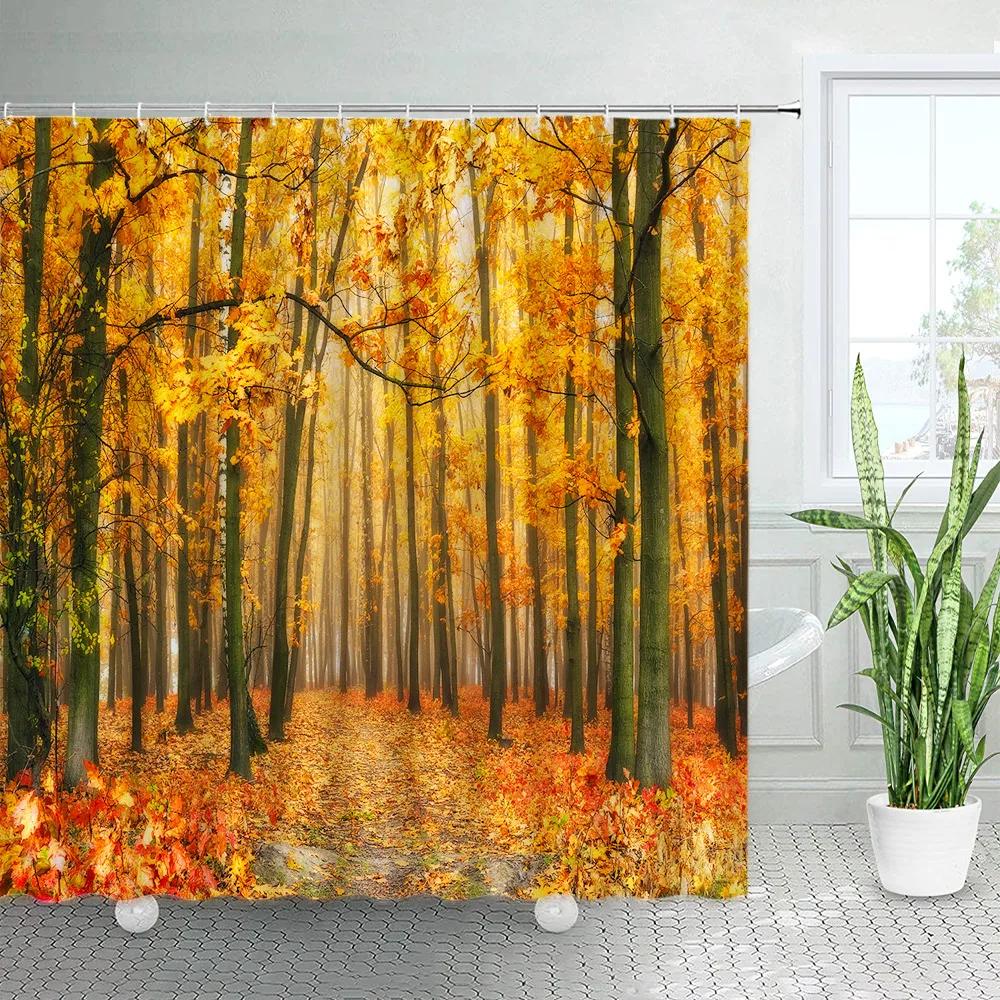 Autumn Forest Landscape Shower Curtain Maple Trees Road Plants Fallen Leaves Rural Scenery Wall Hanging Bathroom Decor Curtain