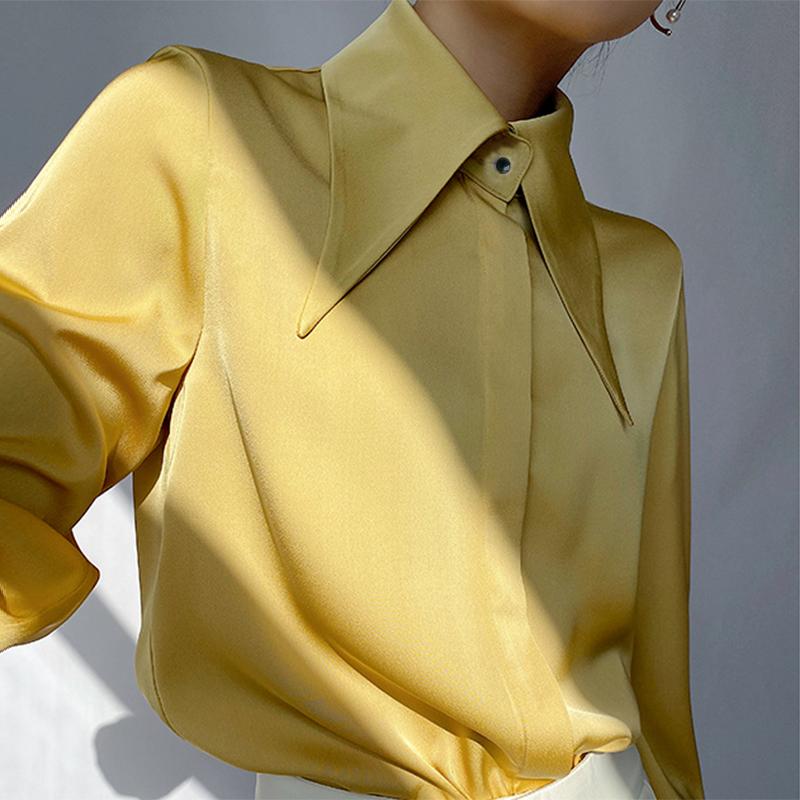 Stylish Elegant Turn Down Collar White Long Sleeve Satin Shirts Fashion Woman Vintage Blouse Office Lady Tops