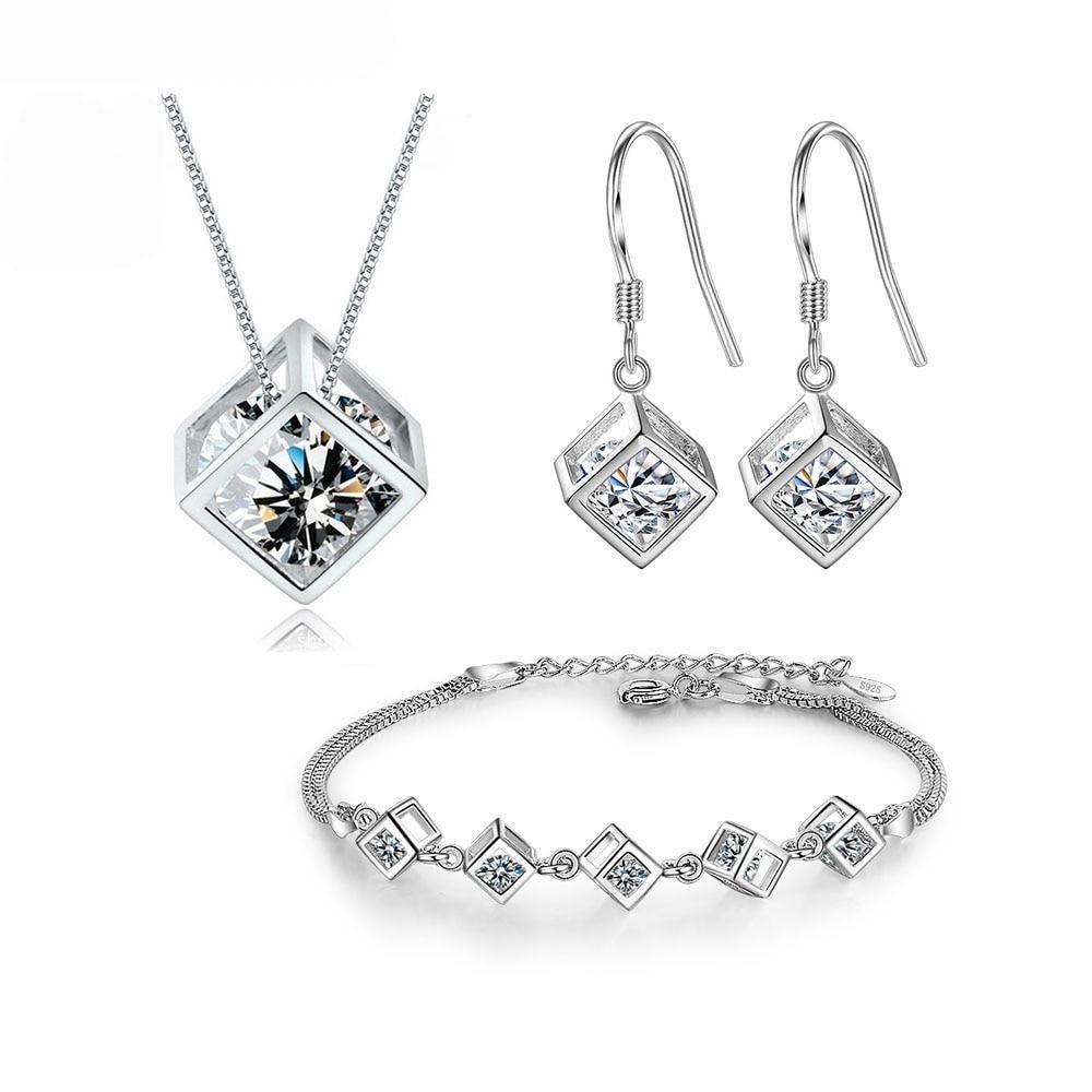 5 Style 925 Sterling Silver Jewelry Sets Zircon Square Cube Necklace +Earrings +Bracelet for Women Gift