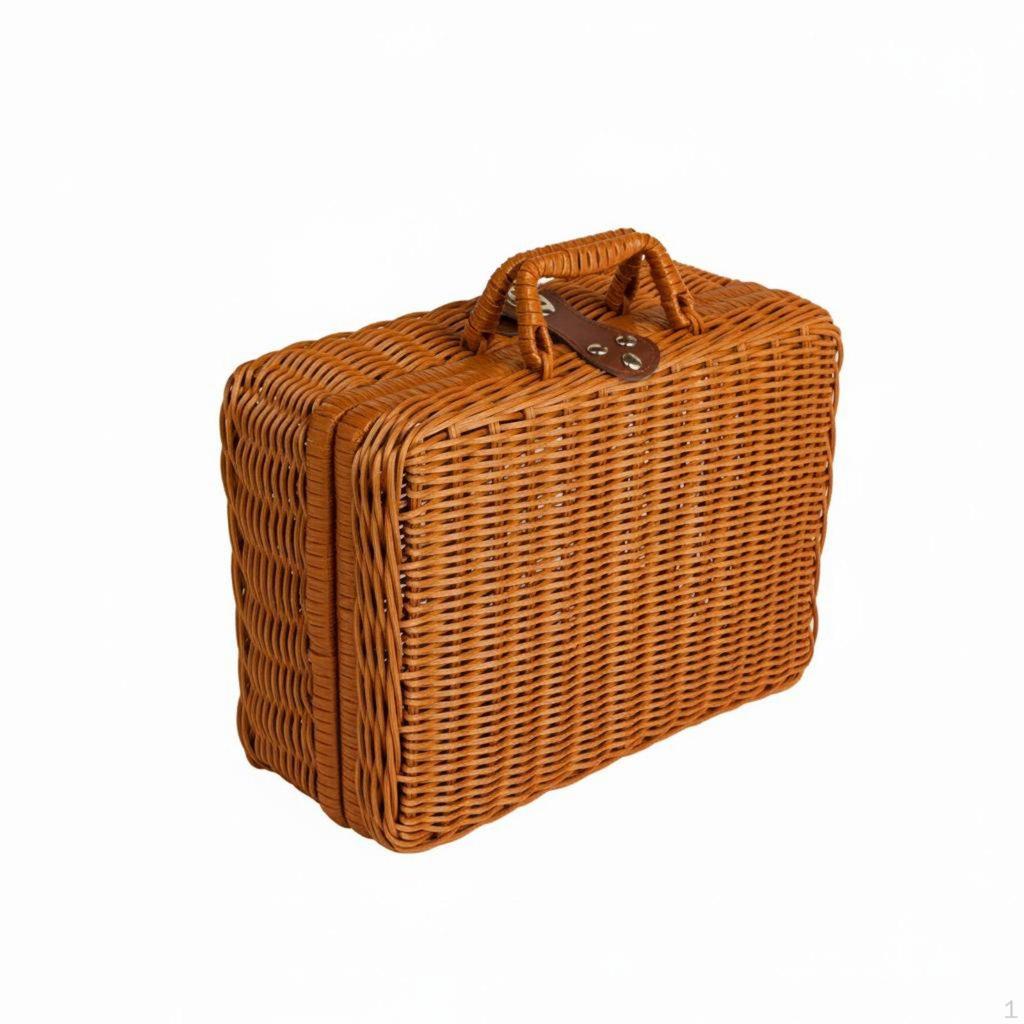 Faux Rattan Suitcase With Handle Vintage Portable Wicker Design Gift Box for