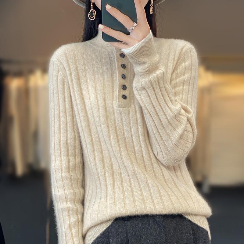 Women's Loose Wool Pullover Sweater with Half-High Collar