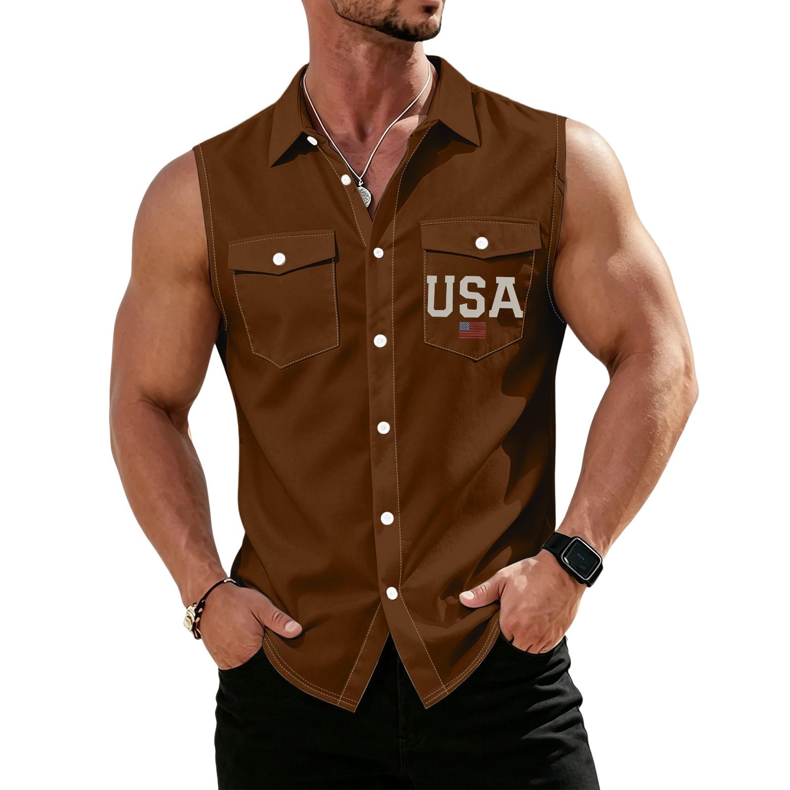 

Men s Workwear Button Front Sleeveless Shirt Lightweight Utility Vest with Collar for Outdoor and Casual Wear XL коричневый