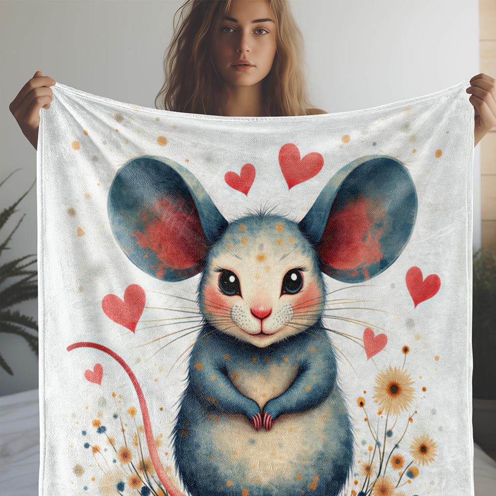 1pc Vintage-Style Flannel Blanket with Adorable Mouse & Daisy Print - Soft Polyester, Warm & Cozy for Sofa, Bed, Car
