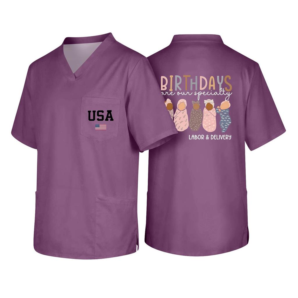 Men's Short Sleeve V-Neck Scrub Top with Pocket - Labor Day Fun Print - Uniform Tunic