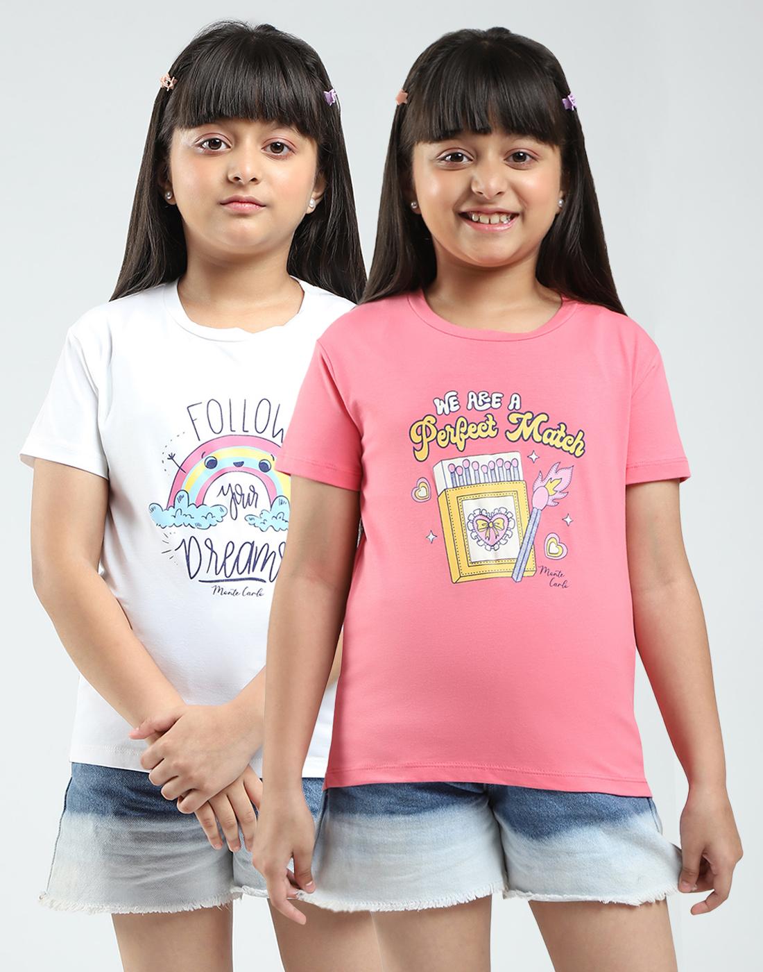 

Monte Carlo Топы с принтом, с круглым вырезом и рукавом до локтя, набор из 2 штук 11-12 Years розовый/белый