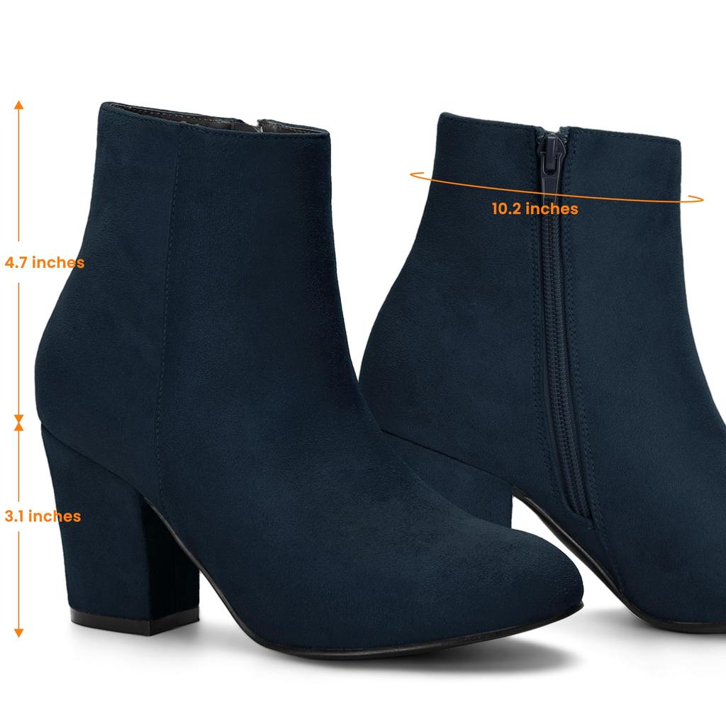 Allegra K Women's Navy Blue Round Toe Ankle Boots with Side Zipper and Chunky Heel, Size 24.5cm