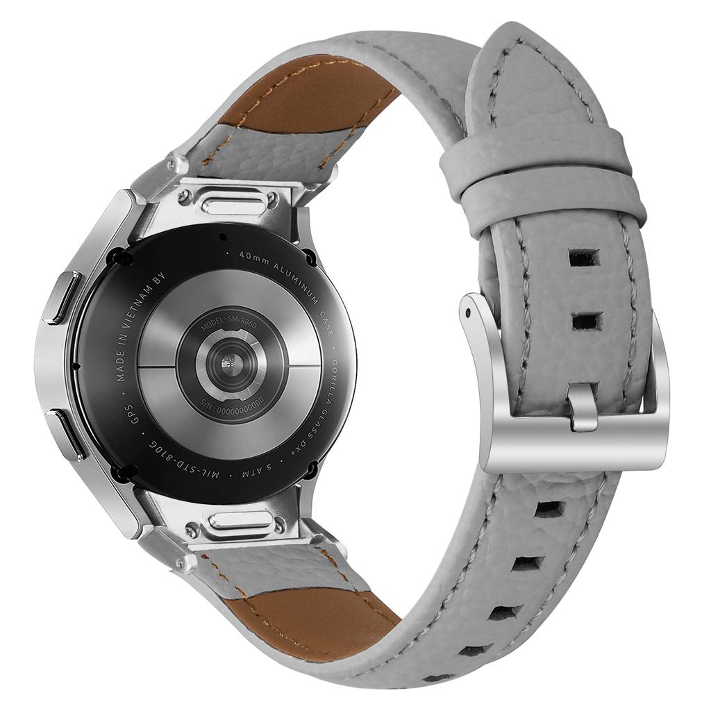 Genuine Cow Leather Strap with Connector for Samsung Galaxy Watch FE 40mm/Watch7/Watch6/Watch 5/Watch4 Litchi Texture Silver Buckle Watch Band