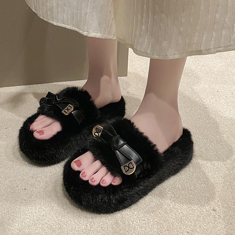 Internet celebrity black European wool slippers women wear 2025 autumn and winter new high-end thick-soled cotton slippers