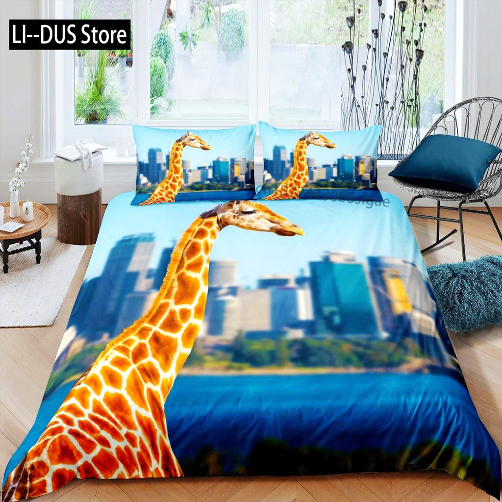 Giraffe Duvet Cover Queen,Tropical Wild Animal Comforter Cover 3pcs, Soft Bedding Set,Romantic Giraffe Bedroom Decor Quilt Cover
