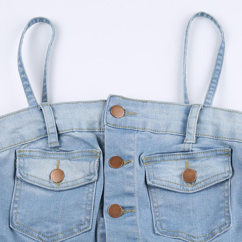 Personality Wash Blue Denim Small Vest Denim Crop Top Pocket Vintage Button Tops