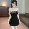 1 three-dimensional flower pure desire wind sexy dress one-word shoulder high-end design sense slim and thin bottom vest short