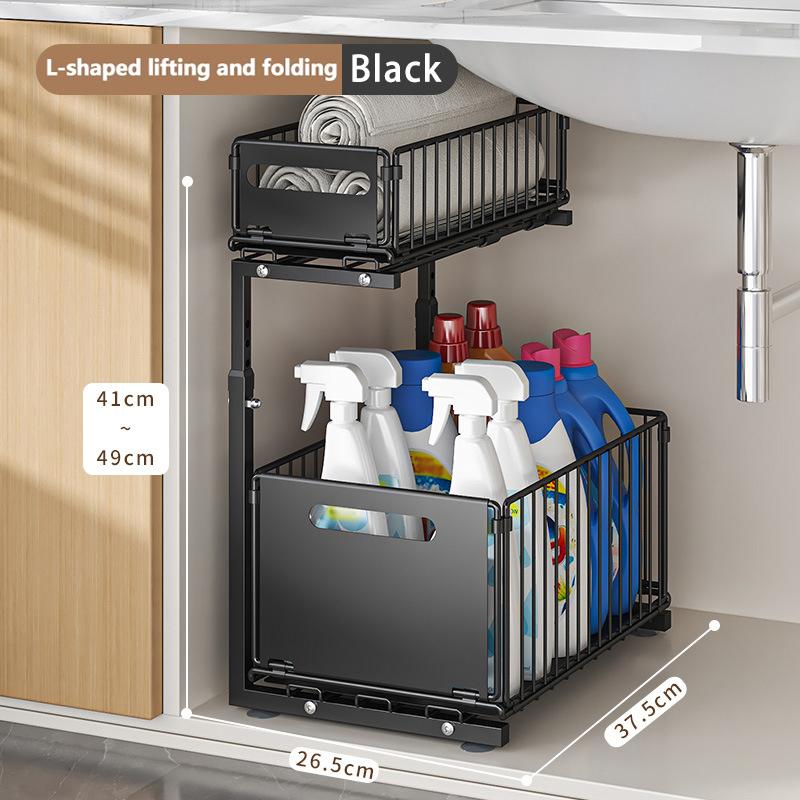 

2 Tier Under Sink Organizer Adjustable Pull Out Cabinet Organizer Slide Out Kitchen Storage Racks Thickened Metal Sliding Drawer чёрный