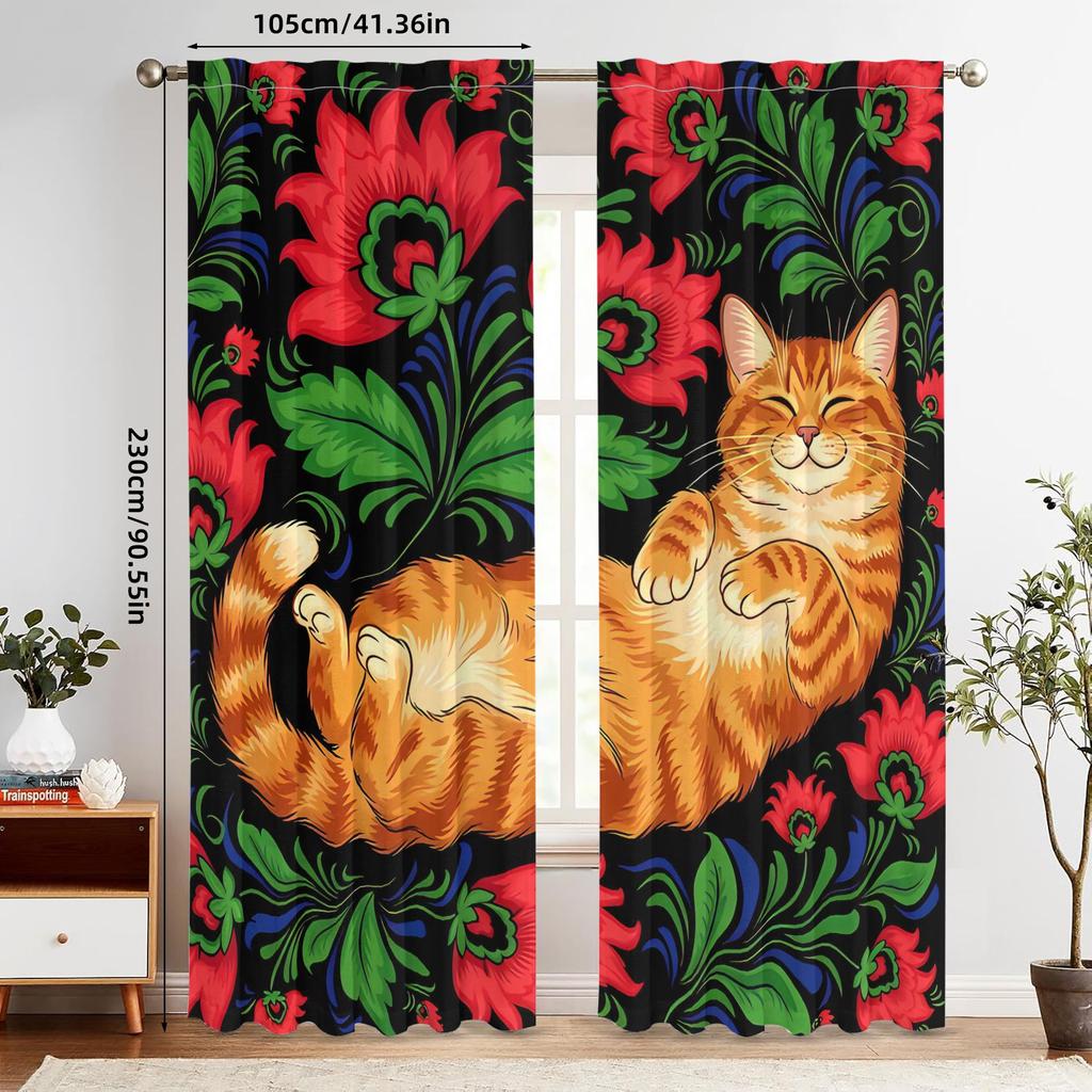 2pcs Cat & Floral Blackout Curtain Panels - Ginger Tabby Cat with Poppies & Foliage Print, Grommet Top Drapes for  Room