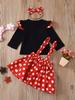 Kids Girls 3 Piece Outfit Long Sleeve Top with Flutter Sleeves Polka Dot Dress and Bow Headband Spring Autumn Set