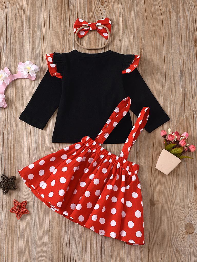 Kids Girls 3 Piece Outfit Long Sleeve Top with Flutter Sleeves Polka Dot Dress and Bow Headband Spring Autumn Set