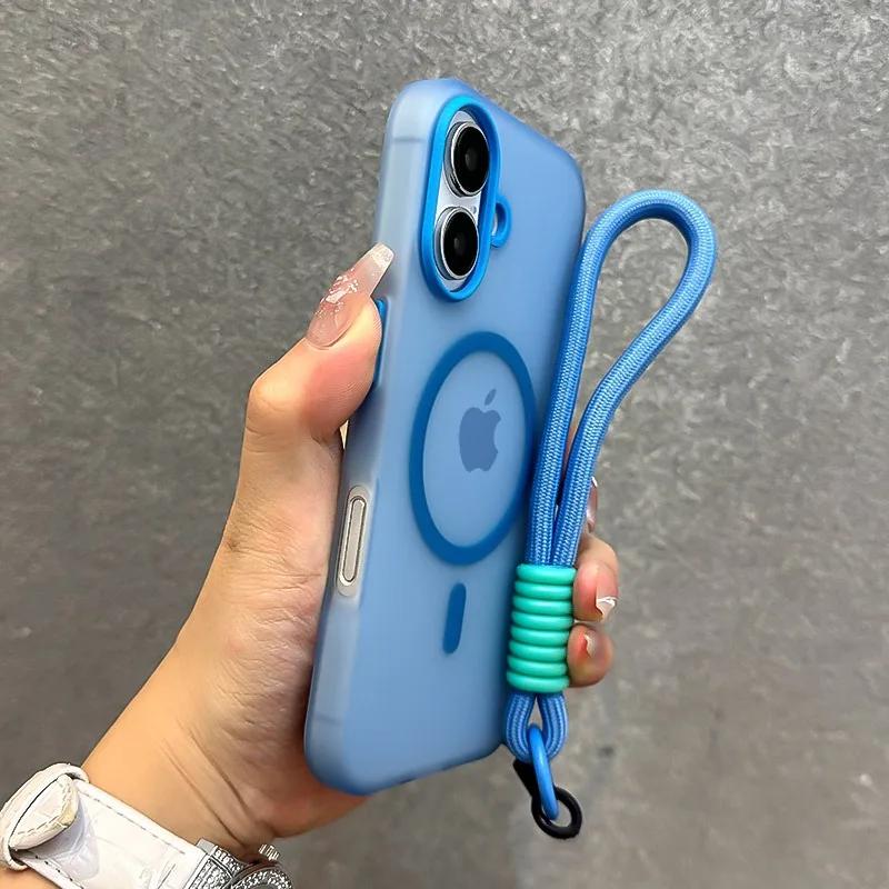 For Magsafe Candy Color Contrast Lanyard Case for iPhone 17 Air 16 15 Pro Max 14 Plus 13 Hand Wrist Strap Matte Soft TPU Cover