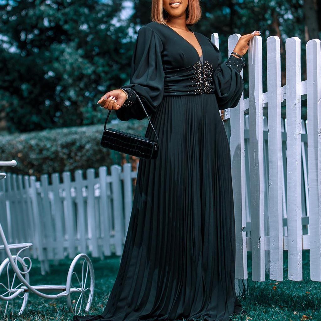 Women Pleated Jumpsuits Rompers Elegant V Neck Long Sleeve Plus Zize Floor Length Party Rompers Clothe Women Pants