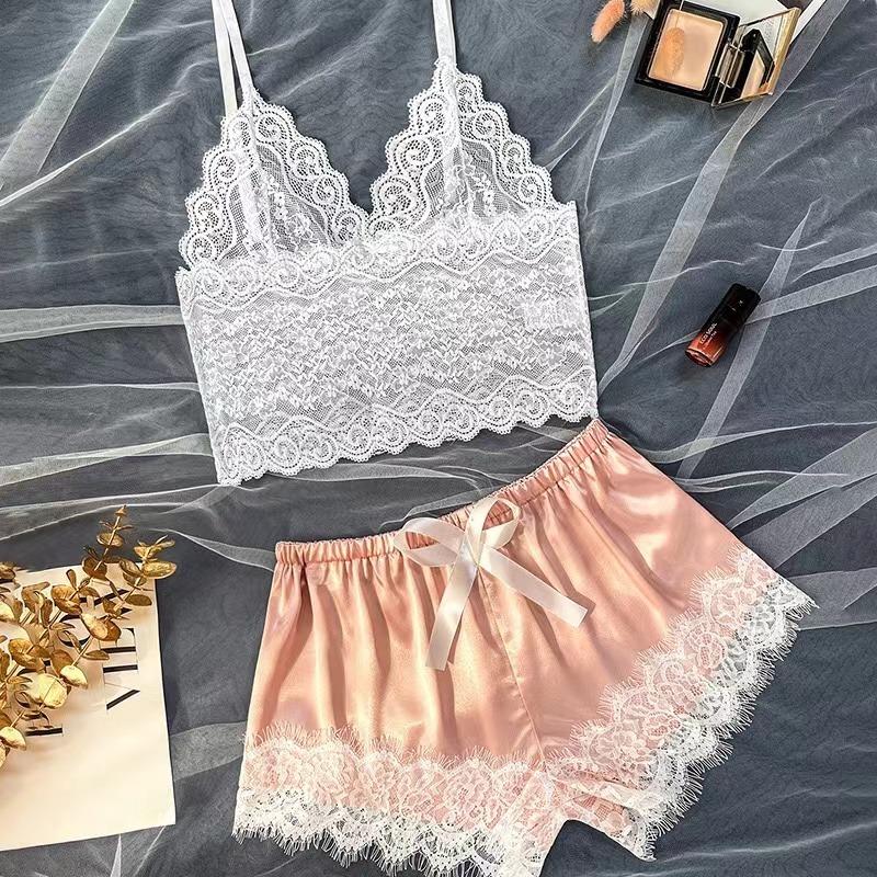 Damen Sexy Spitze Nachtwäsche Spitze Nachtkleid Dessous Ärmellos V-Ausschnitt Babydoll Pyjama Set Dessous Tops Shorts Set Nachtwäsche